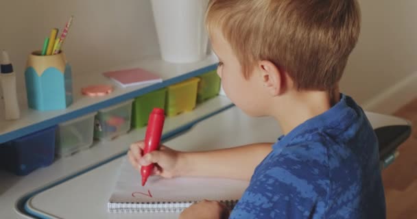 子供は学校のノートに数字を書きます 少年は数学で家で宿題をしている 小学生が数字を書きます 子供は放課後宿題をする リアルタイムだ4K映像 — ストック動画