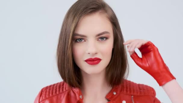 Portrait Beautiful Young Woman Red Lips Stylish Girl Red Leather — Stock Video