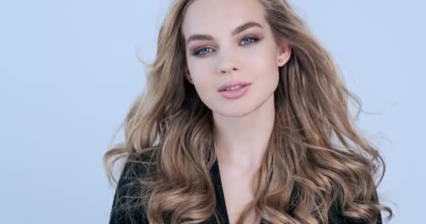 Beautiful Young Blonde Woman Long Hair Fashion Model Looks Camera — Stock Video