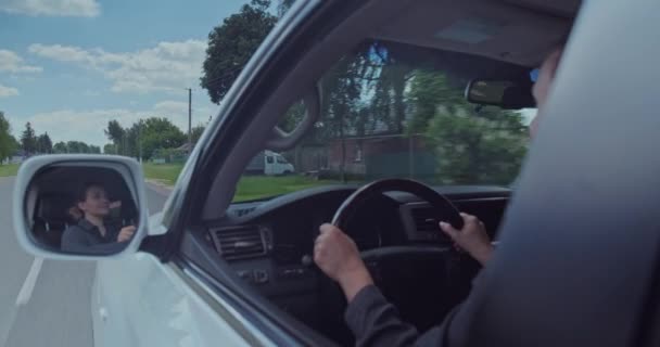 Beautiful Adult Smiling Woman Driving Car Woman Drives Car Reflection — Stock Video