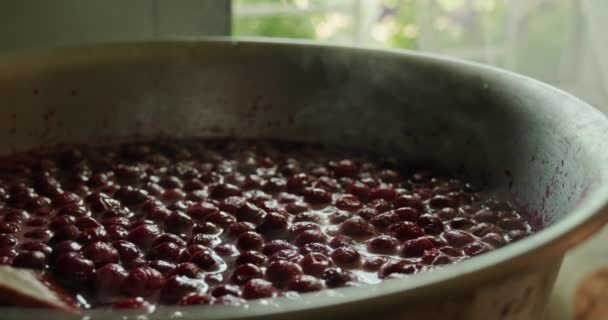 Vařím Třešňovou Marmeládu Džem Vaření Vaření Třešňové Marmelády Pánvi Kuchyňskou — Stock video