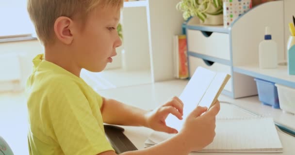 Çocuk Evde Kitap Okuyor Öğrenci Çocuk Bir Kitap Okuyor Yaşındaki — Stok video
