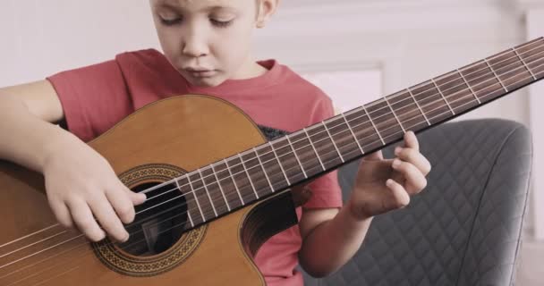 Young Boy Guitar Boy Years Plays Classical Guitar Caucasian Child — Stock Video