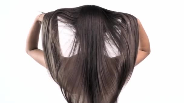 Woman Moves Long Hair Rear View Girl Shakes Long Straight — Stock Video