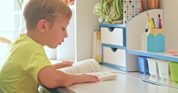 Παιδί Διαβάζει Βιβλίο Στο Σπίτι Μαθητής Διαβάζει Ένα Βιβλίο Χρόνια — Αρχείο Βίντεο
