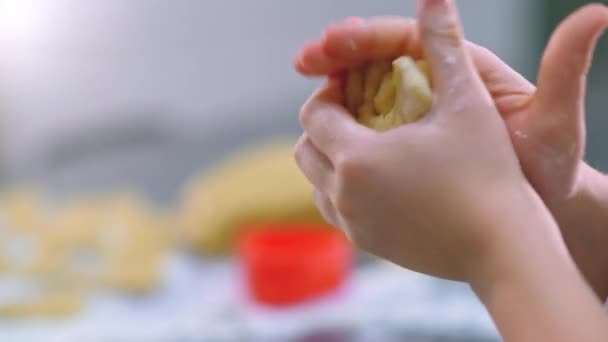 Child Hands Holds Piece Dough Squeezing Close View Boy Cooking — Stock Video