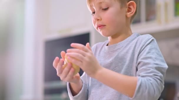 孩子在搅拌手中的面团 男孩在厨房里做饭 8岁的孩子在家里做饭 慢动作4K镜头 — 图库视频影像