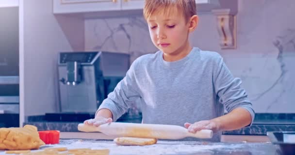 Kind Teig Rollen Mit Nudelholz Nahsicht Junge Rollt Den Teig — Stockvideo