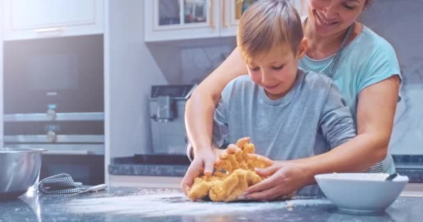 幸せな母親と子供がキッチンで料理をしています クッキーを焼くためのお母さんの攪拌生地の子供 クッキーを焼くための材料を混合し 準備息子とママ スローモーション4K映像 — ストック動画