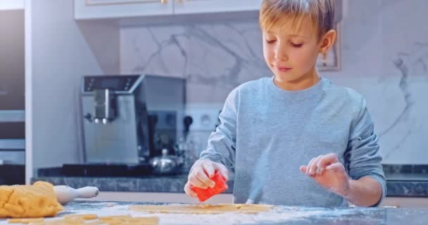 Years Old Child Makes Hearts Out Dough Close View White — Stock Video