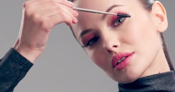 Una Donna Trucco Giovane Donna Dipinge Ciglia Con Pennello Ciglia — Video Stock