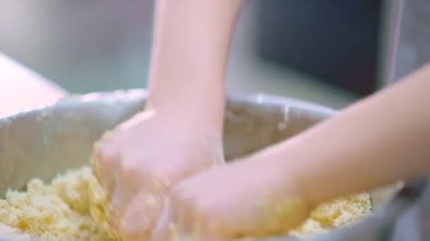 Çocuk Elleri Kekin Malzemelerini Çelik Bir Kasede Karıştırıyor Çocuk Mutfakta — Stok video