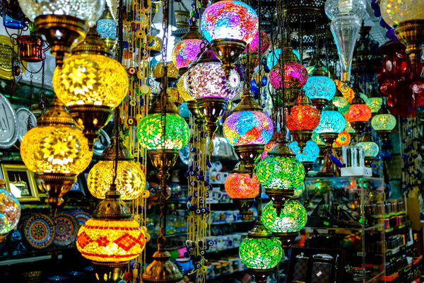 Multicolored lamps in shop.