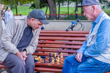 İki yaşlı adam parkta bir bankta satranç oynuyor..