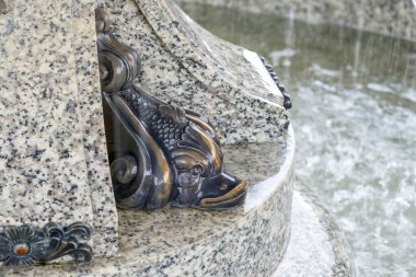 Bronz bir balık resmi, yakın plan bir çeşmenin ayrıntıları..