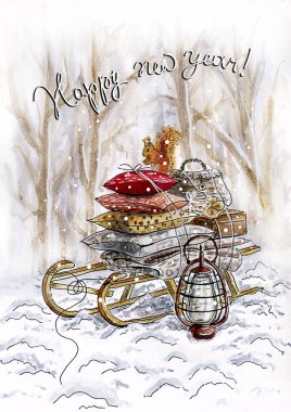 Suluboya Noel kartı _ ormanda kızak