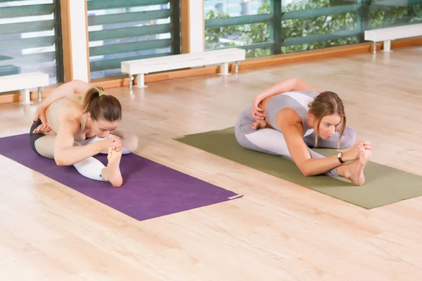 İki genç sportif kadın spor salonunda germe