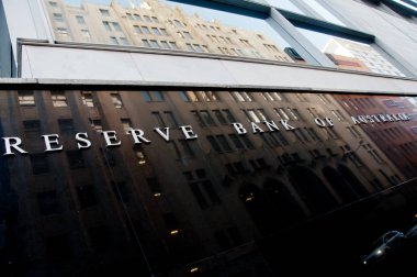 Sydney, Avustralya - 5 Mayıs 2018: Avustralya Bina adı siyah taş duvar merkezi Sydney Nsw Avustralya Rezerv Bankası.
