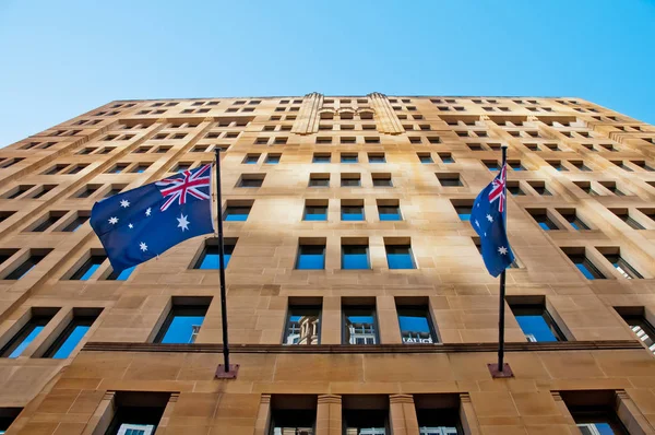 Two Australia Flags Hanging Sandstone Building — Stock Photo, Image