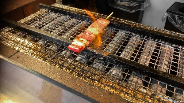 Kobe Japanese premium beef charcoal grilled skewer on fire — Stock Photo, Image