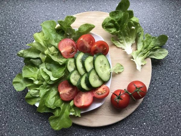 Vegetables are the main source of vitamins. Salad, cucumber, tomato.