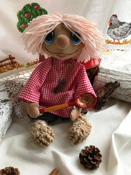 Brownie Kuzya. Character from Russian folk tale. Handmade textile toy. The toy is made in Russian traditions made of fabric, yarn, painted with acrylic paints.
