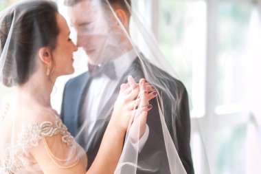  Wedding.Beautiful portre yüzüne peçe ile gelin ve damat. Şık Loving düğün çift öpüşme ve sarılma