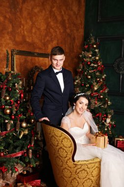 Düğün kış. Sevgili gelin ve damat Noel dekorasyonu. Hediye tutarak damat. Noel için romantik sürpriz