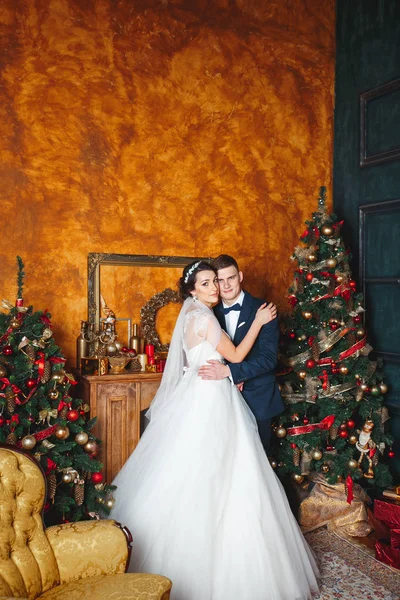 Boda de invierno .Lovers novia y novio en la decoración de Navidad. Feliz novia y novio abrazándose — Foto de Stock