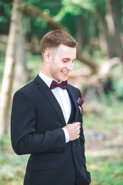 Bruidegom op zijn trouwdag. Prachtige lachende bruidegom. andsome Bruidegom op de bruiloft tuxedo glimlachend en bruid wachten. Elegante bruidegom in zwart kostuum en ' bow-tie. Bruidegom in een pak houden knoopsgat. — Stockfoto