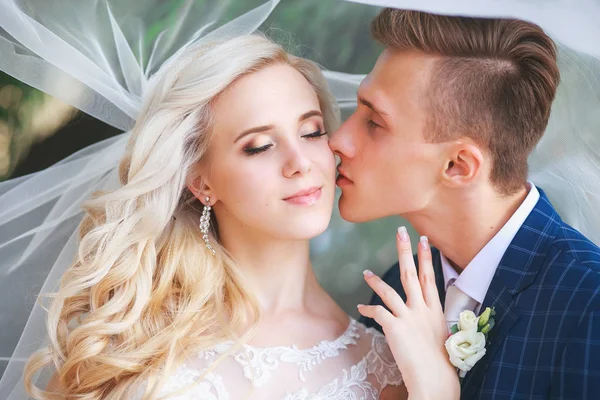 Matrimonio. Sposa e Sposo, Bacio in un bellissimo parco il giorno del matrimonio., Coppia romantica sposata  . — Foto Stock