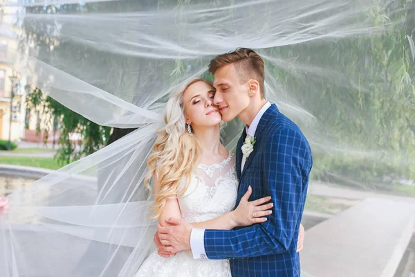 結婚式。花嫁と花婿、美しい公園での結婚式の日、結婚カップルのロマンチックなキス . — ストック写真