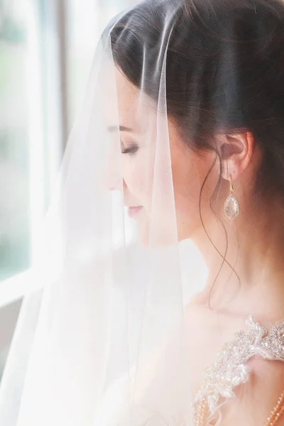 Hermosa novia joven con maquillaje de boda y peinado en bedroom.Beautiful retrato de novia con velo sobre su cara. Primer plano retrato de joven novia hermosa . — Foto de Stock