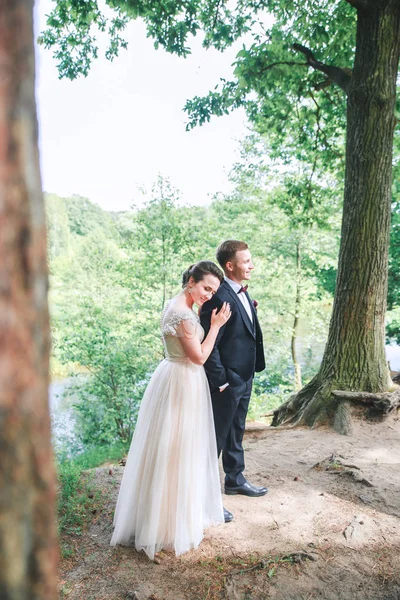 Novia y novio juntos. pareja abrazándose. Día de la boda. Hermosa novia y novio elegante caminando después de la ceremonia de la boda. Novia y novio en el día de la boda —  Fotos de Stock