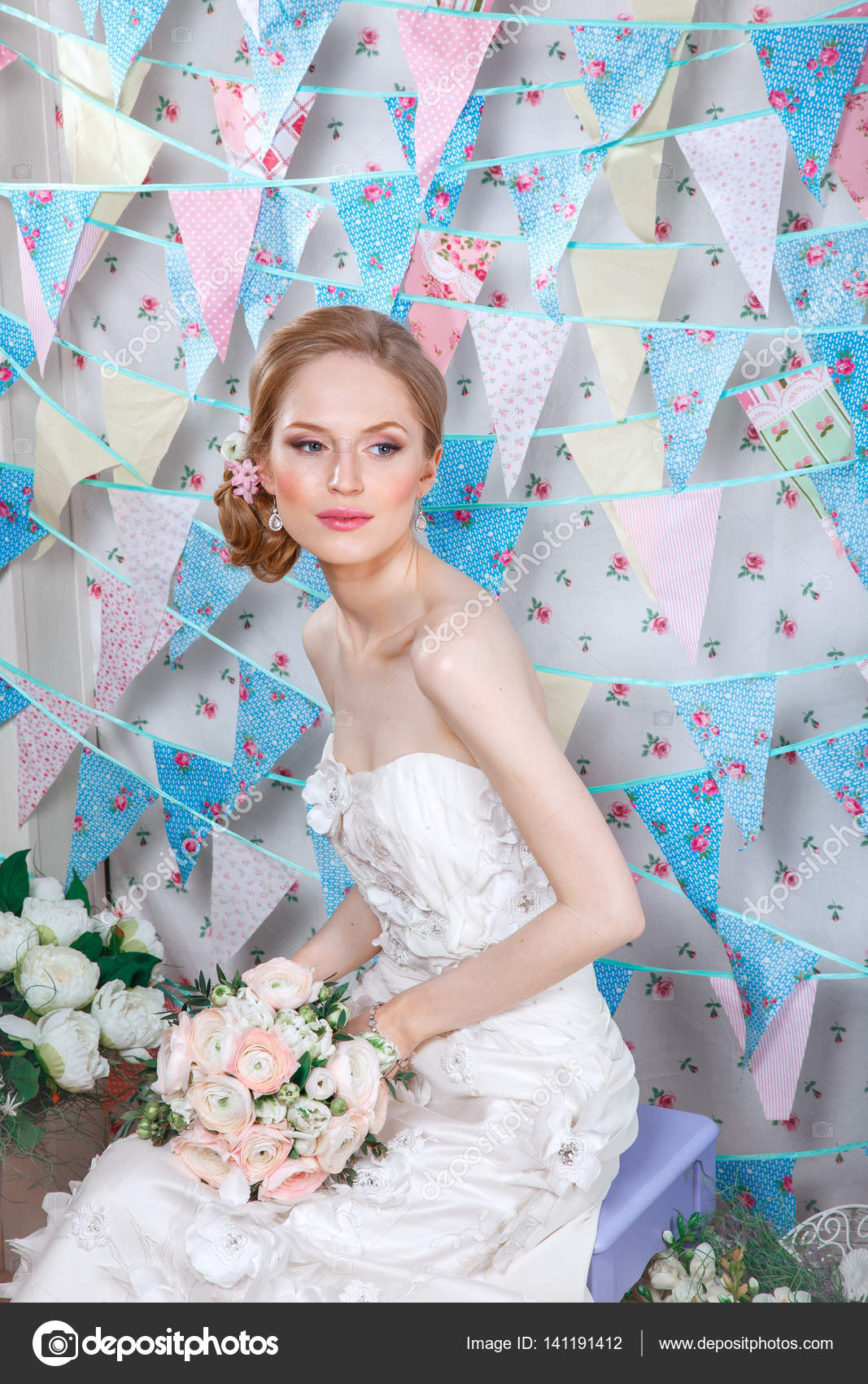 Bride Young Fashion Model With Make Up Curly Hair Flowers