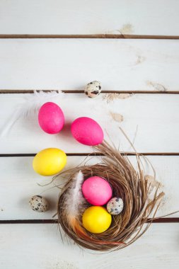 Paskalya arka plan sarı ve pembe yumurta ile. Üstten Görünüm kopya alanı ile. Rustik ahşap plakalar üzerinde yuvadaki yumurta