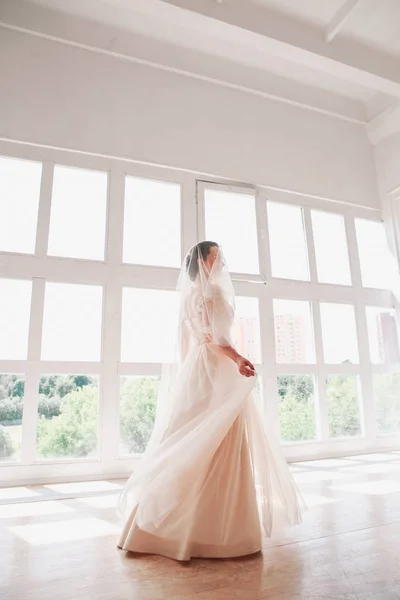 Porträt der schönen Braut drinnen. Mode Braut Mädchen in wunderschönen Brautkleid im Studio — Stockfoto