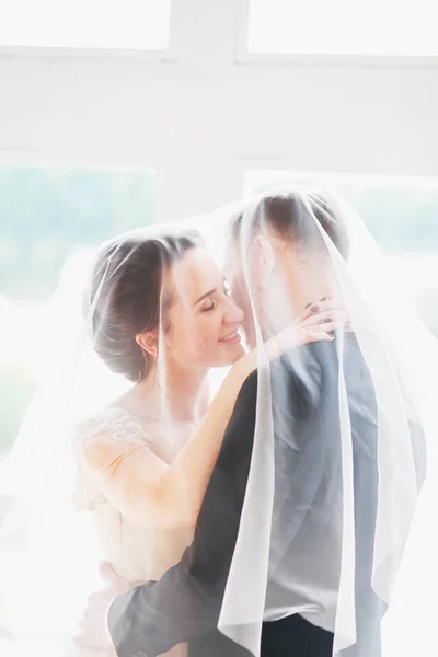 .Vackra bruden och brudgummen porträtt med slöja över ansiktet. Eleganta Loving bröllop par kyssas och kramas — Stockfoto