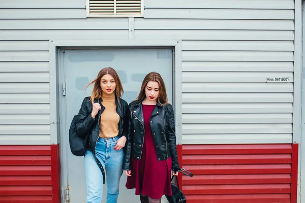 Two attractive young girl friends standing together and posing on camera — Stock Photo, Image