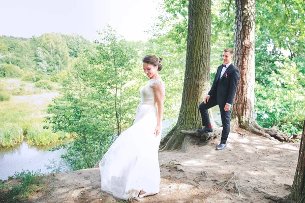 O noivo e a noiva juntos. Casamento. recém-casados noiva e noivo em um casamento na natureza floresta verde — Fotografia de Stock