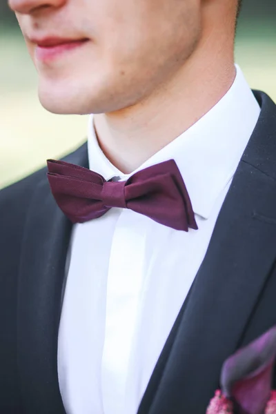Elegante noivo em traje preto e laço roxo. Brilho em seu dia de casamento.Lindo noivo sorridente . — Fotografia de Stock