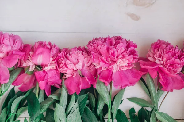 Marco floral con peonías rosadas sobre fondo de madera. Día de la madre o día de la mujer.Fondo de flores —  Fotos de Stock