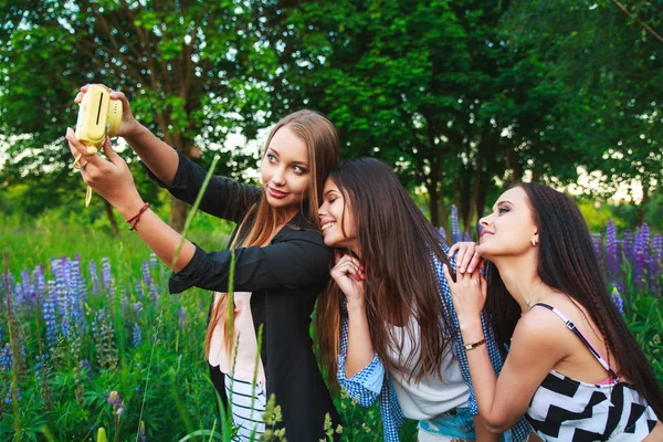Üç hipsters kızlar sarışın ve esmer açık portresi polaroid fotoğraf makinesi ve gülümseyen alarak. Parkta birlikte eğlenmek kızlar. — Stok fotoğraf
