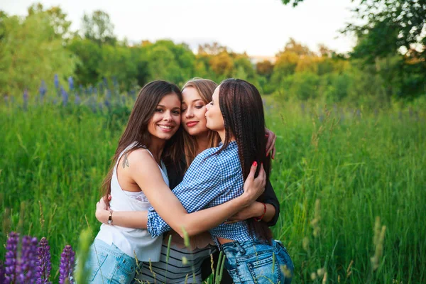 Kız dostluk mutluluk topluluk kavramı. Üç gülümseyen arkadaşlar açık havada doğada sarılma — Stok fotoğraf