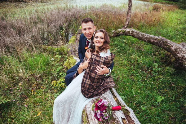 Casamento no outono. Noiva e noivo sentado no parque — Fotografia de Stock