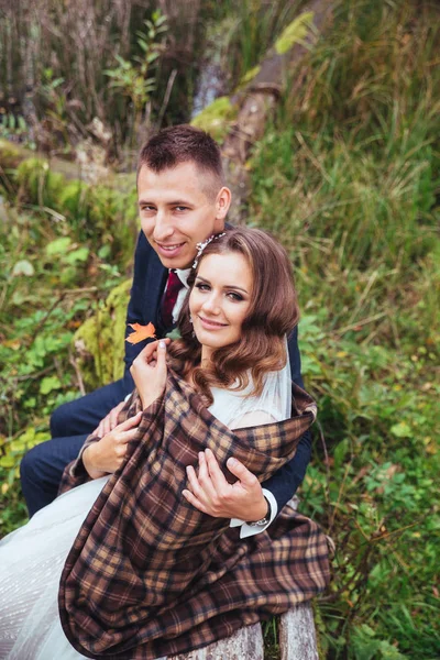 Novio abrazando a su novia en el parque. Pareja de boda — Foto de Stock