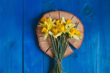 Bahar easter arka plan nergis kokulu mavi ahşap tablo