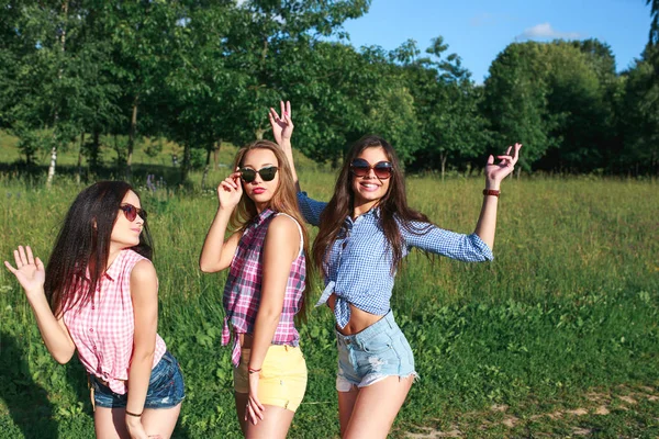 Amigos felices en el parque en un día soleado. Retrato de estilo de vida de verano de tres mujeres hipster disfrutar de un buen día, con gafas de sol brillantes. Mejores amigos chicas divertirse , —  Fotos de Stock