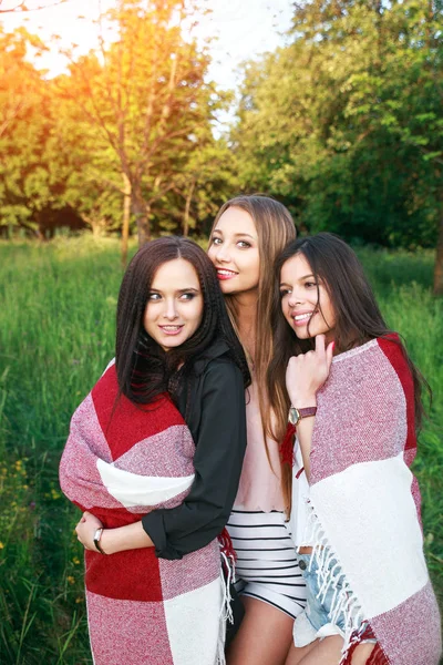 Üç sevimli kızlar eğleniyor ve parkta gülüyor arkadaşlarım ekose açık havada, daimi — Stok fotoğraf