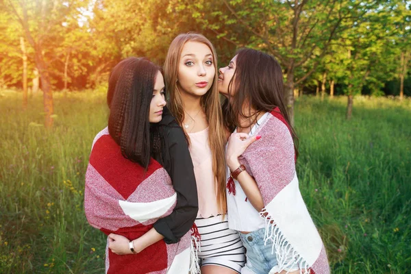 Drei süße Mädchen, die im karierten Outdoor stehen, beste Freundinnen, die Spaß haben und im Park lachen — Stockfoto